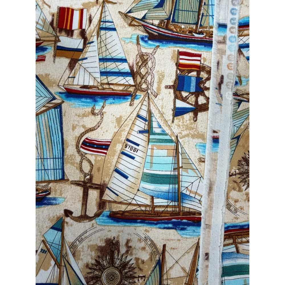 VTG Robert Kaufman Sailboat Fabric Tan Nautical Sailboat Anchor‎ Compass 98"x42"